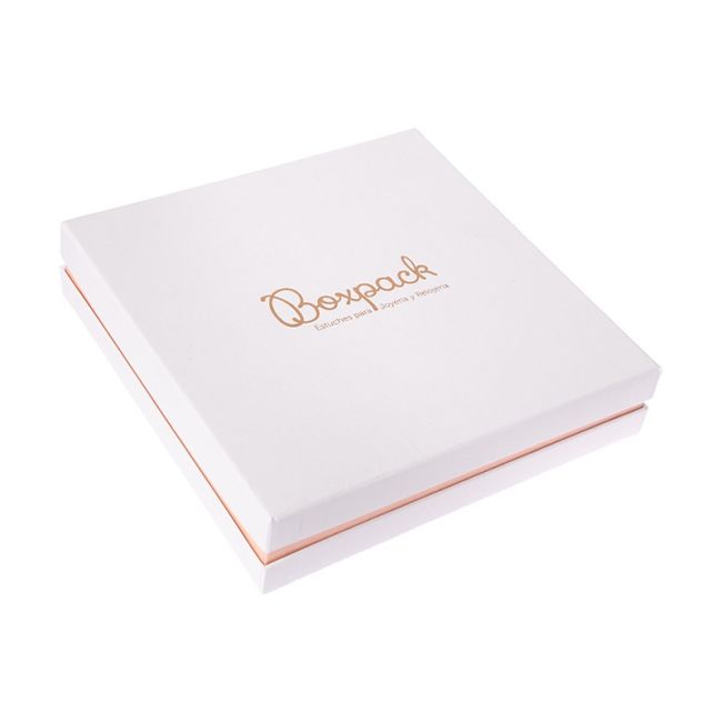 Caja de cartón blanca y rosa para collar o conjunto de joyería, bisutería y joyas 168X168X38 Mm SA-18-RS