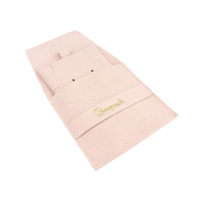 Bolsa más taco de microfibra rosa empolvado para pendientes con cierre de solapa y cinturón para joyería y bisutería.