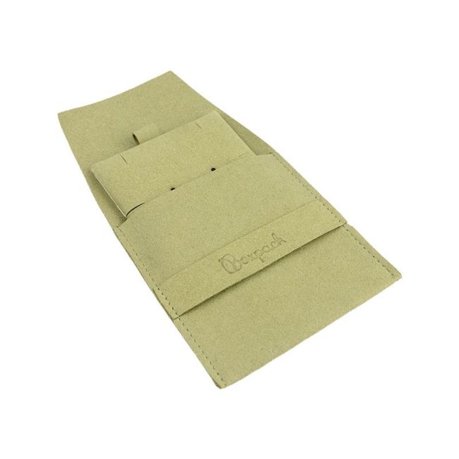 Bolsa más taco de microfibra caqui para pendientes con cierre de solapa y cinturón para joyería y bisutería.