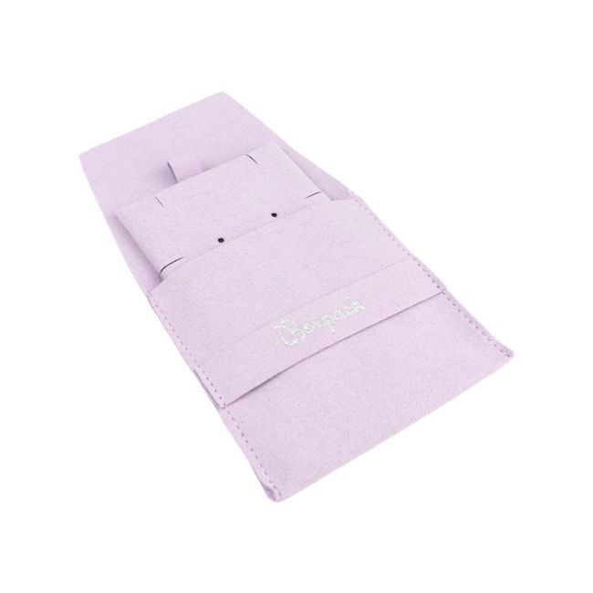 Bolsa más taco de microfibra lila para pendientes con cierre de solapa y cinturón para joyería y bisutería.