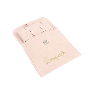 Bolsa más taco de microfibra rosa empolvado para pendientes con cierre de solapa y botón para joyería y bisutería.
