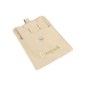 Bolsa más taco de microfibra arena para pendientes con cierre de solapa y botón para joyería y bisutería.