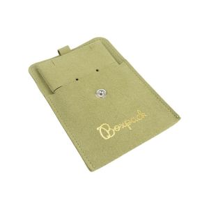 Bolsa más taco de microfibra caqui para pendientes con cierre de solapa y botón para joyería y bisutería.