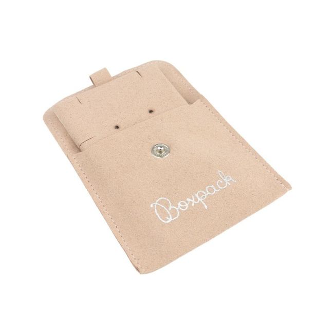 Bolsa más taco de microfibra nude para pendientes con cierre de solapa y botón para joyería y bisutería.