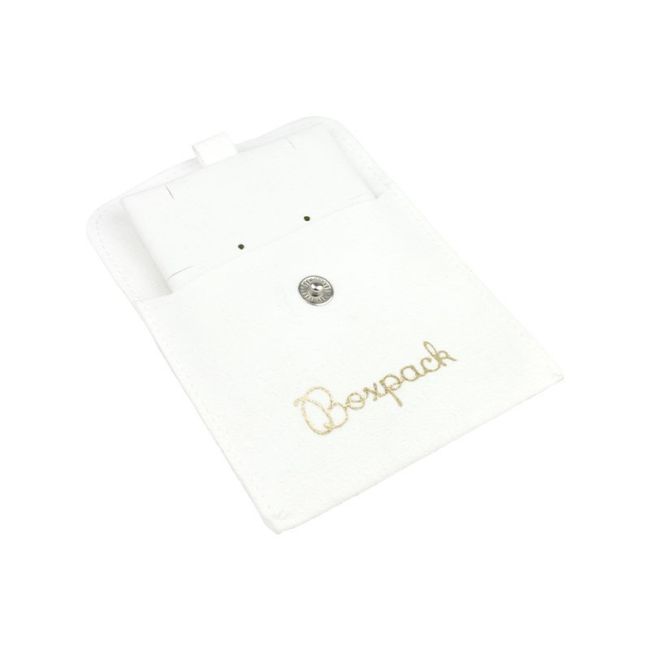 Bolsa más taco de microfibra blanco para pendientes con cierre de solapa y botón para joyería y bisutería.