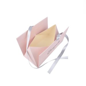 Caja de cartón rosa cuarzo automontable con lazo satén gris para joyas bisutería y joyería 100x62x58 mm FL-1-RC
